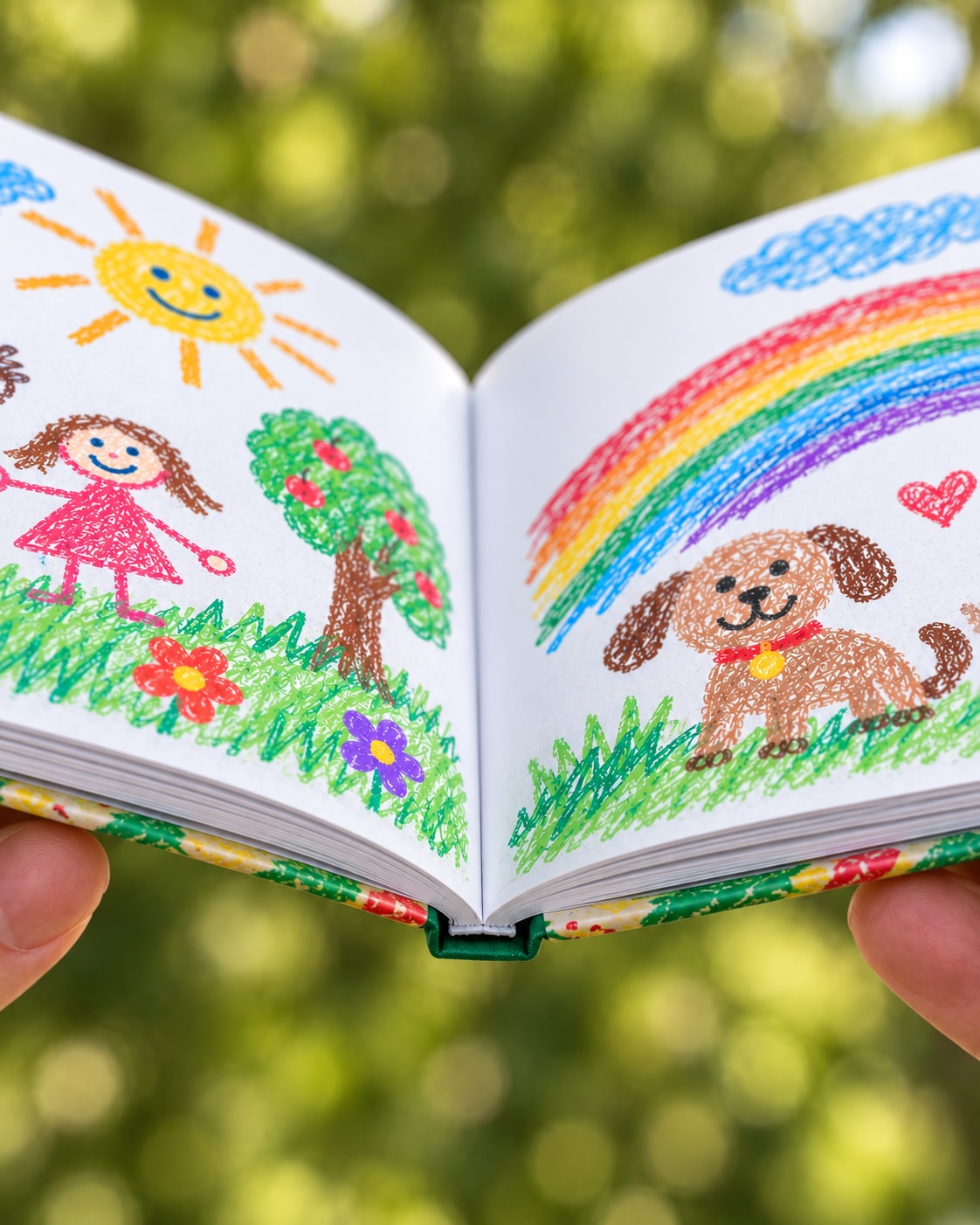 Album deschis cu două desene ale copilului, câte unul pe fiecare pagină
