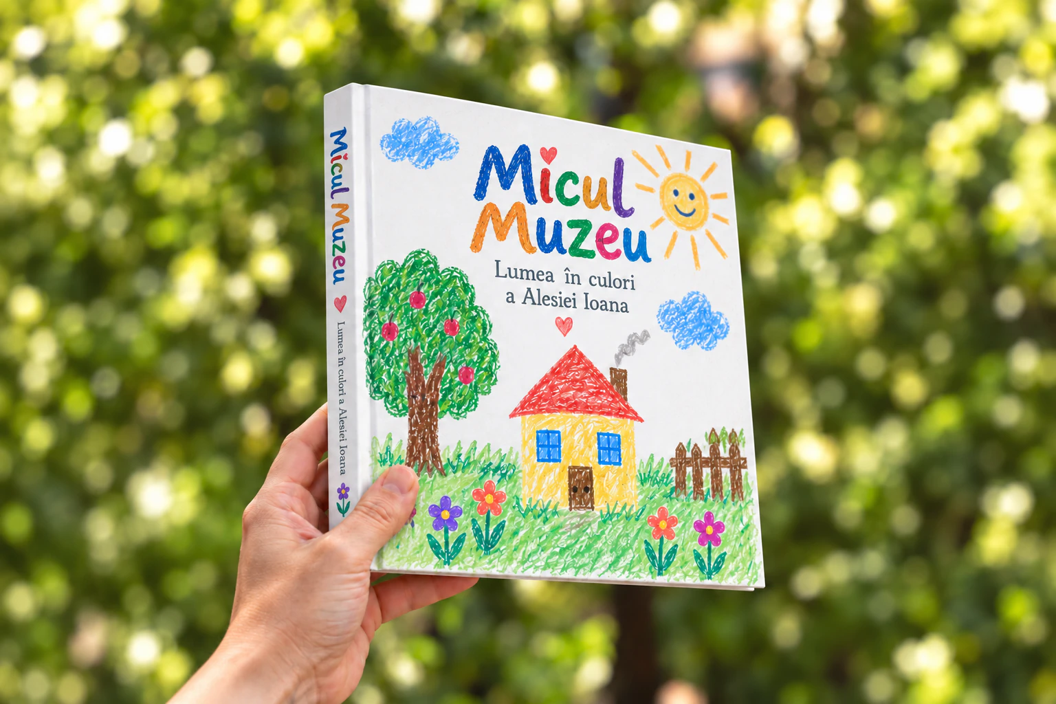 Coperta tare și cotorul albumului Micul Muzeu, cu desenul copilului și numele său